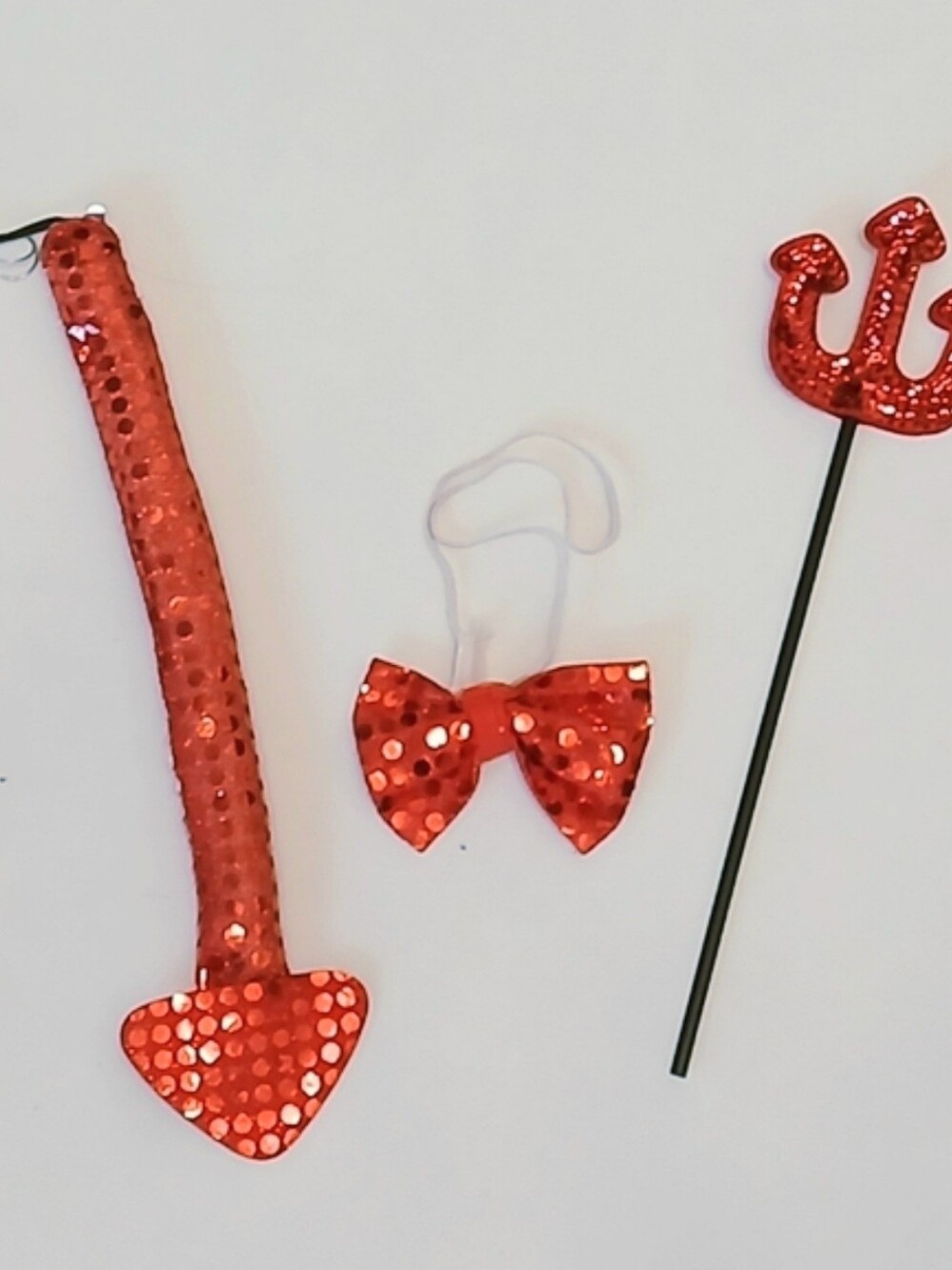 3 Piece Devil Halloween Costume Props. Pitch Fork, Red Sequin Tail & Bow Tie